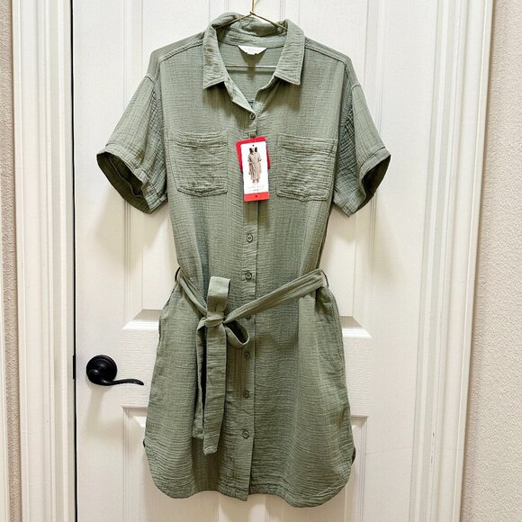 New Weatherproof Women's Gauze Midi Dress Size M Green Adjustable Belt At Waist - Picture 1 of 14